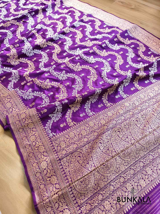 Purple Leheriya Sona Rupa Zari Paisley Pallu Kadwa Handweaved Banarasi Pure Katan Silk Saree