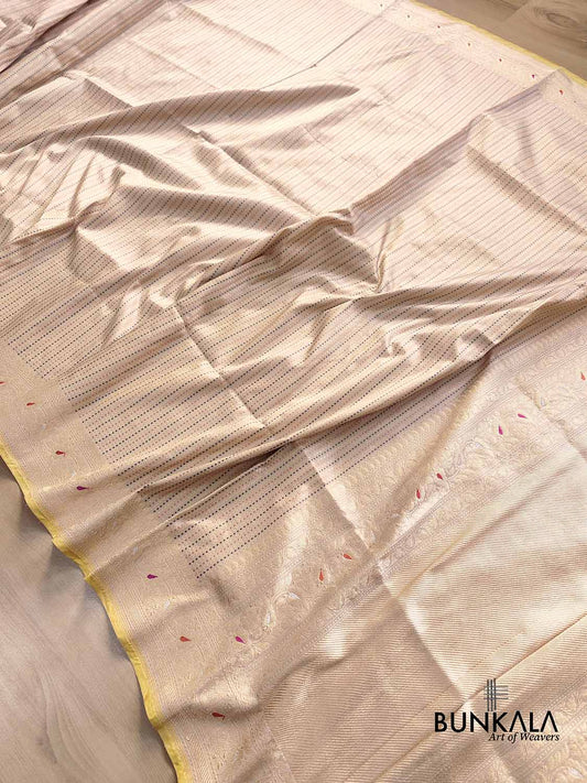 Beige Pure Katan Silk Meenakari Geometrical Design Resham Tanchui Body Handloom Banarasi Saree