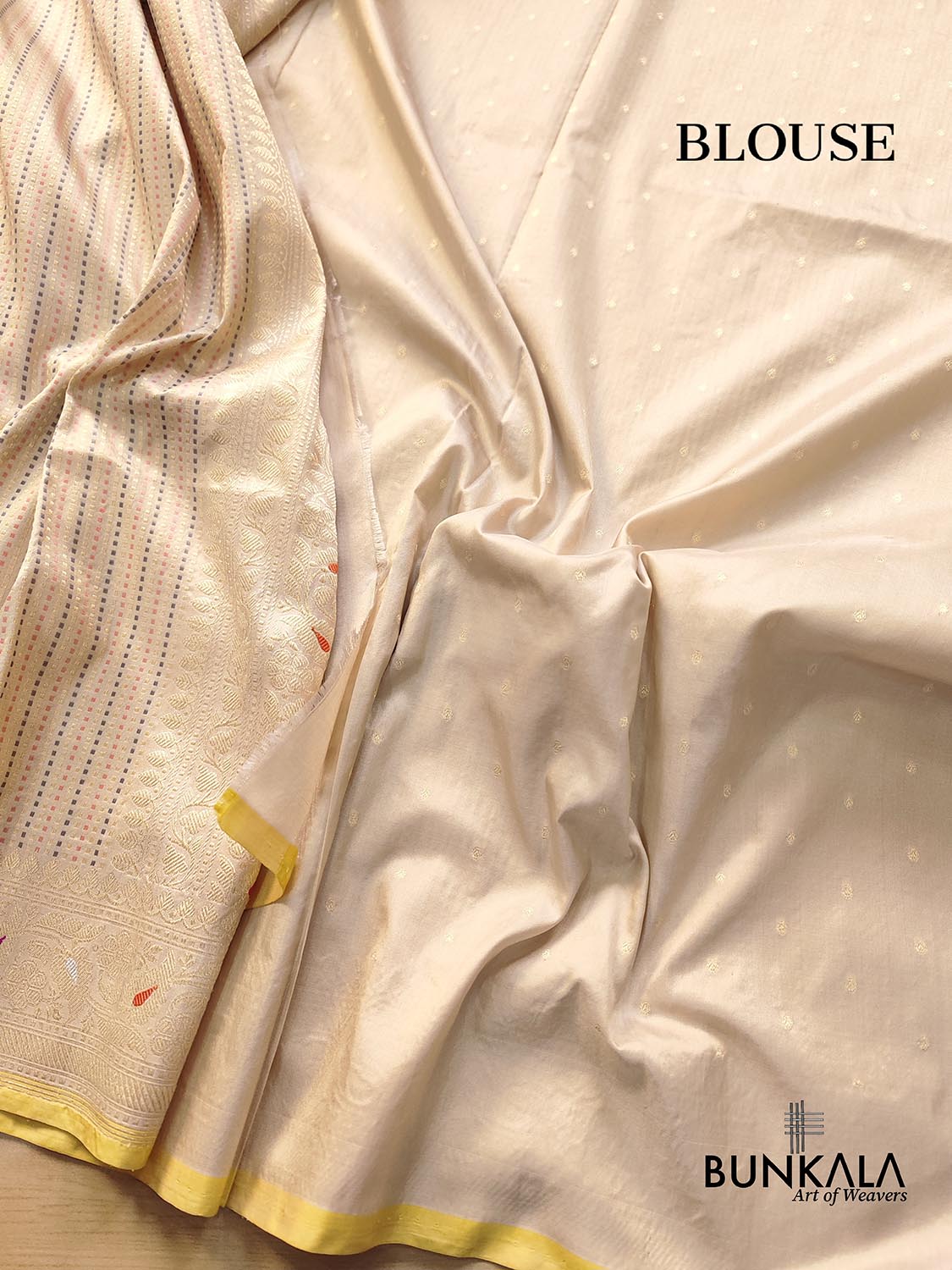 Beige Pure Katan Silk Meenakari Geometrical Design Resham Tanchui Body Handloom Banarasi Saree