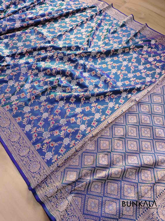 Blue and Green Two Tone Pure Katan Silk Sona Rupa Floral Jaal Design Meenakari Handwoven Banarasi Saree