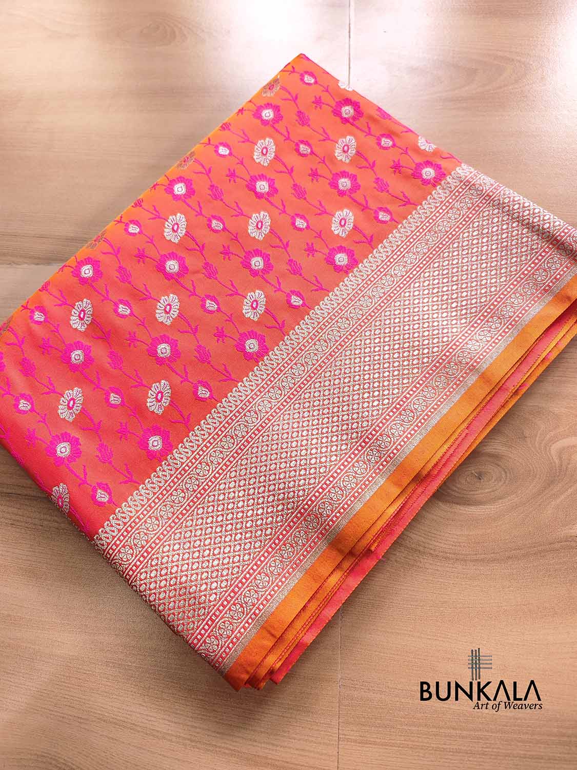 Pink Orange Dual Shaded Soft Mashru Silk Jamewar Weaved Floral Jaal Design Banarasi Saree