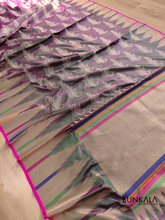 Pink and Green Peacock Motifs Banarasi Pure Katan Silk Handloom Saree