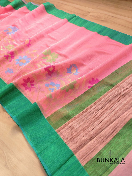 Peach Pink Floral Jaal Meenakari Handloom Banarasi Moonga Silk Saree with Raw Silk Border