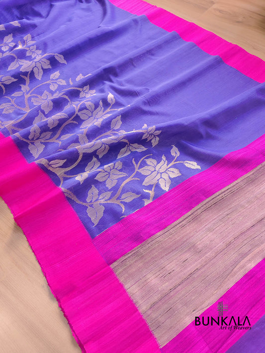 Purple Floral Jaal Handloom Banarasi Moonga Silk Saree with Raw Silk Border