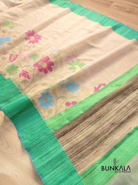 Beige Floral Jaal Meenakari Handloom Banarasi Moonga Silk Saree with Raw Silk Border
