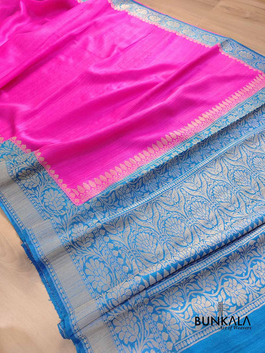 Pink Plain Handloom Banarasi Raw Silk Saree with Blue Contrast Border