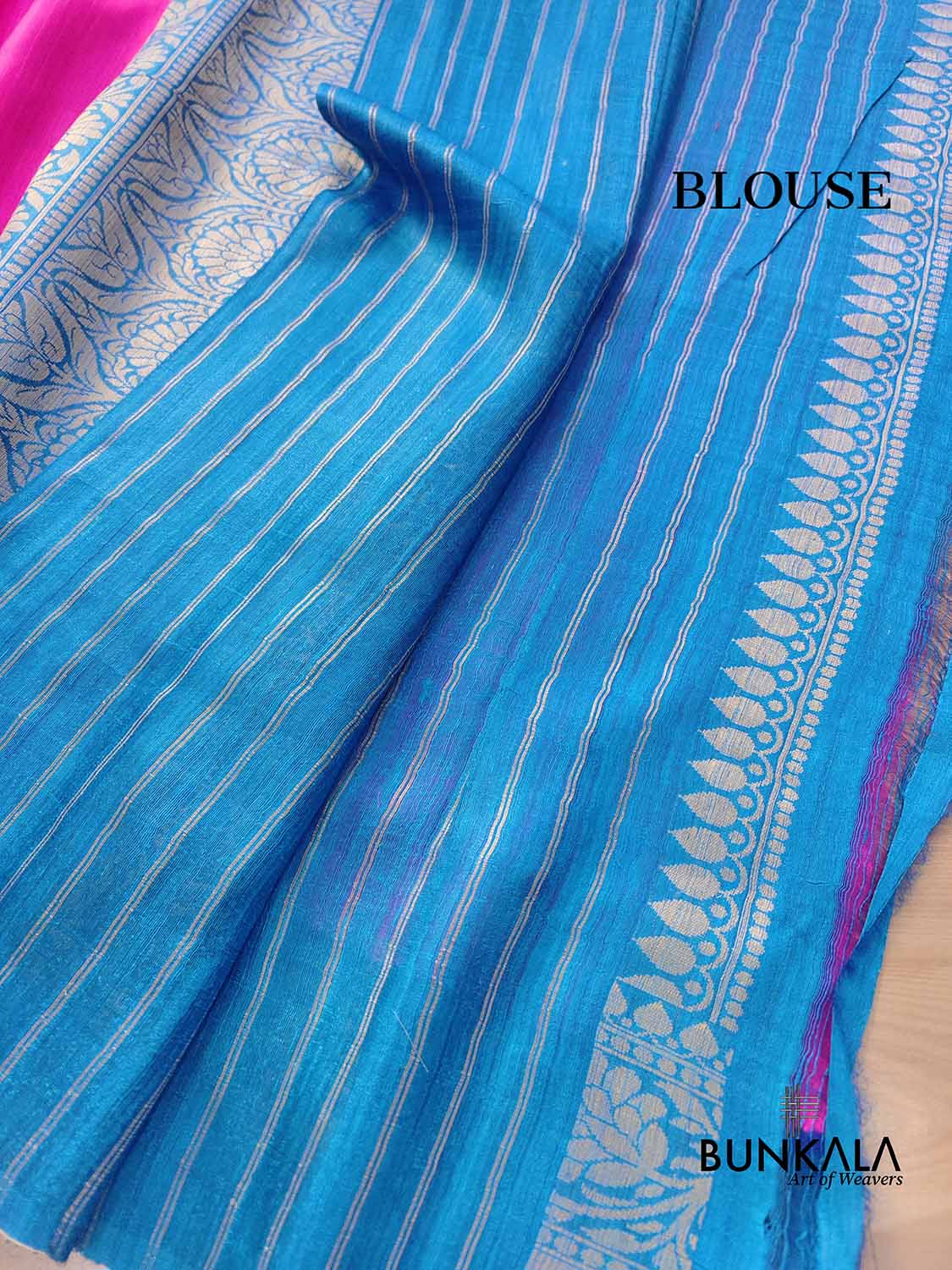 Pink Plain Handloom Banarasi Raw Silk Saree with Blue Contrast Border
