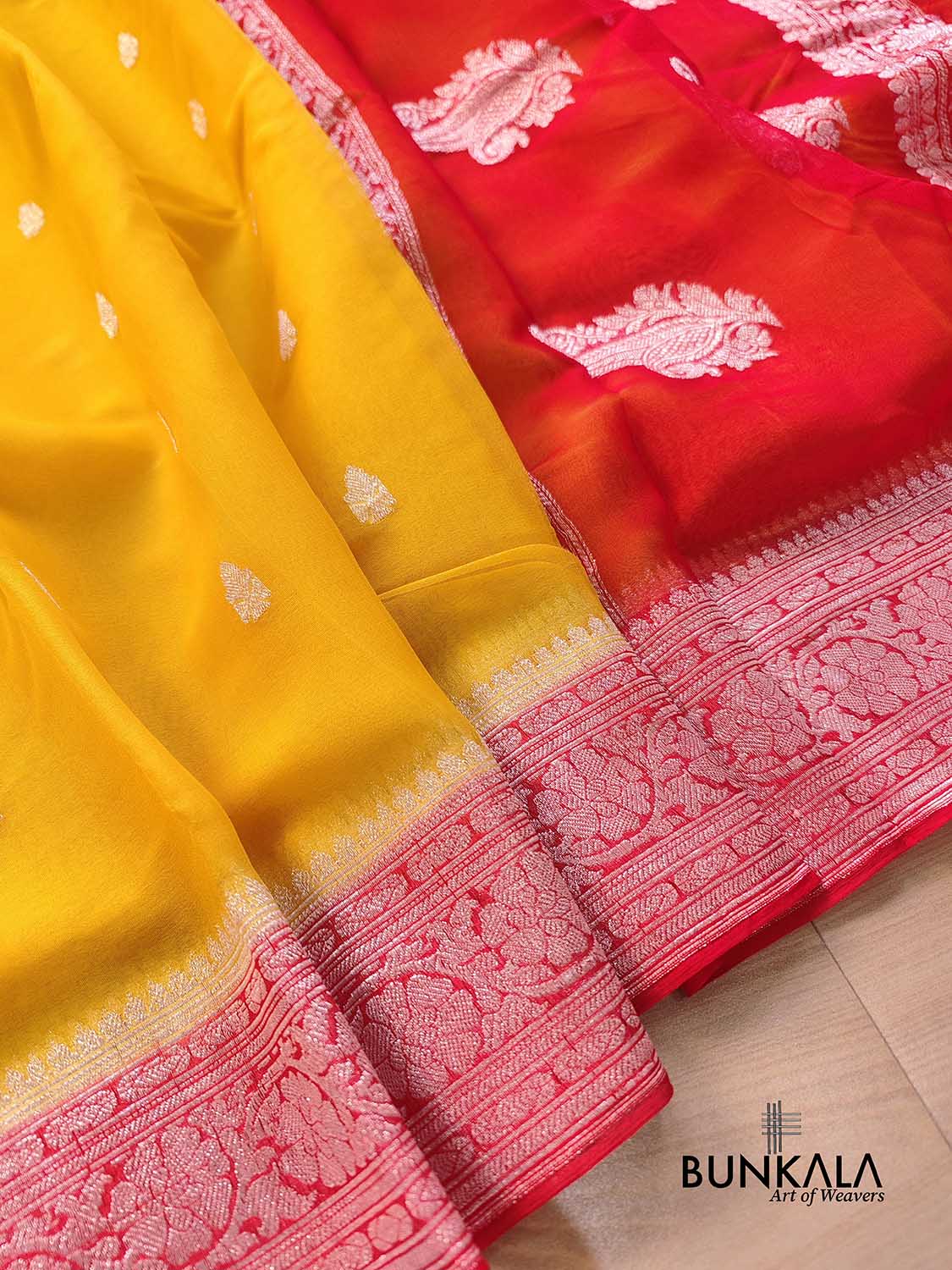 Yellow and Red Allover Silver Zari Buti Handloom Banarasi Pure Khaddi Chiffon Saree