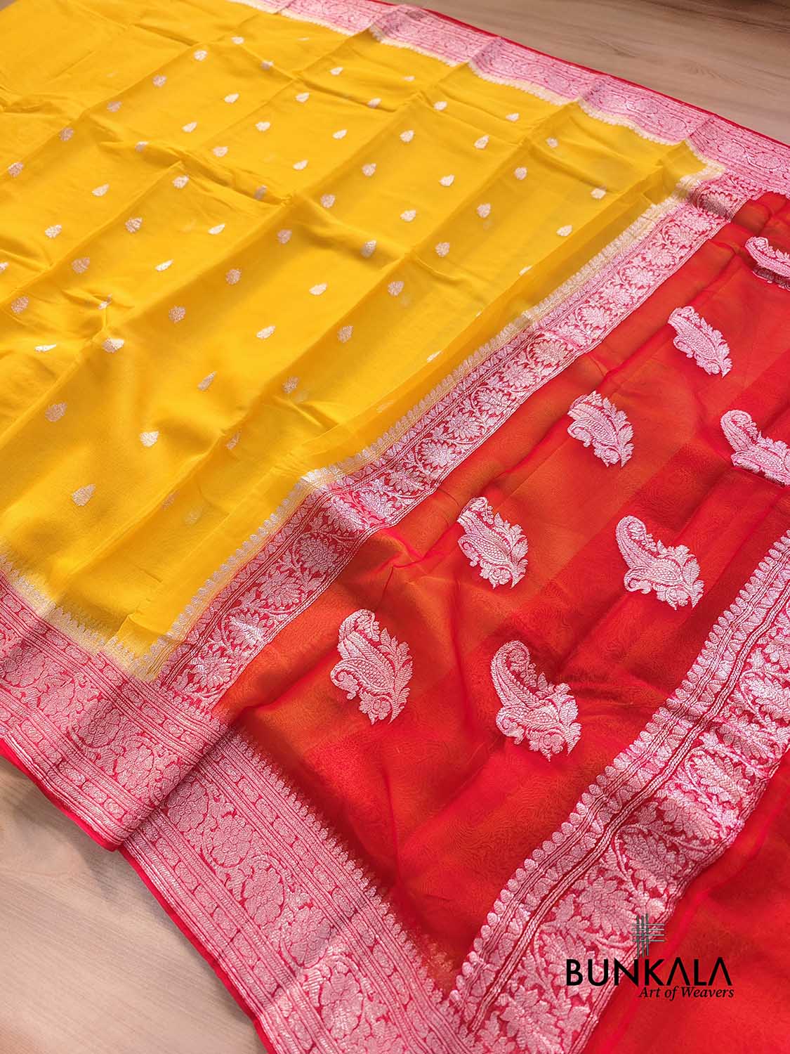 Yellow and Red Allover Silver Zari Buti Handloom Banarasi Pure Khaddi Chiffon Saree