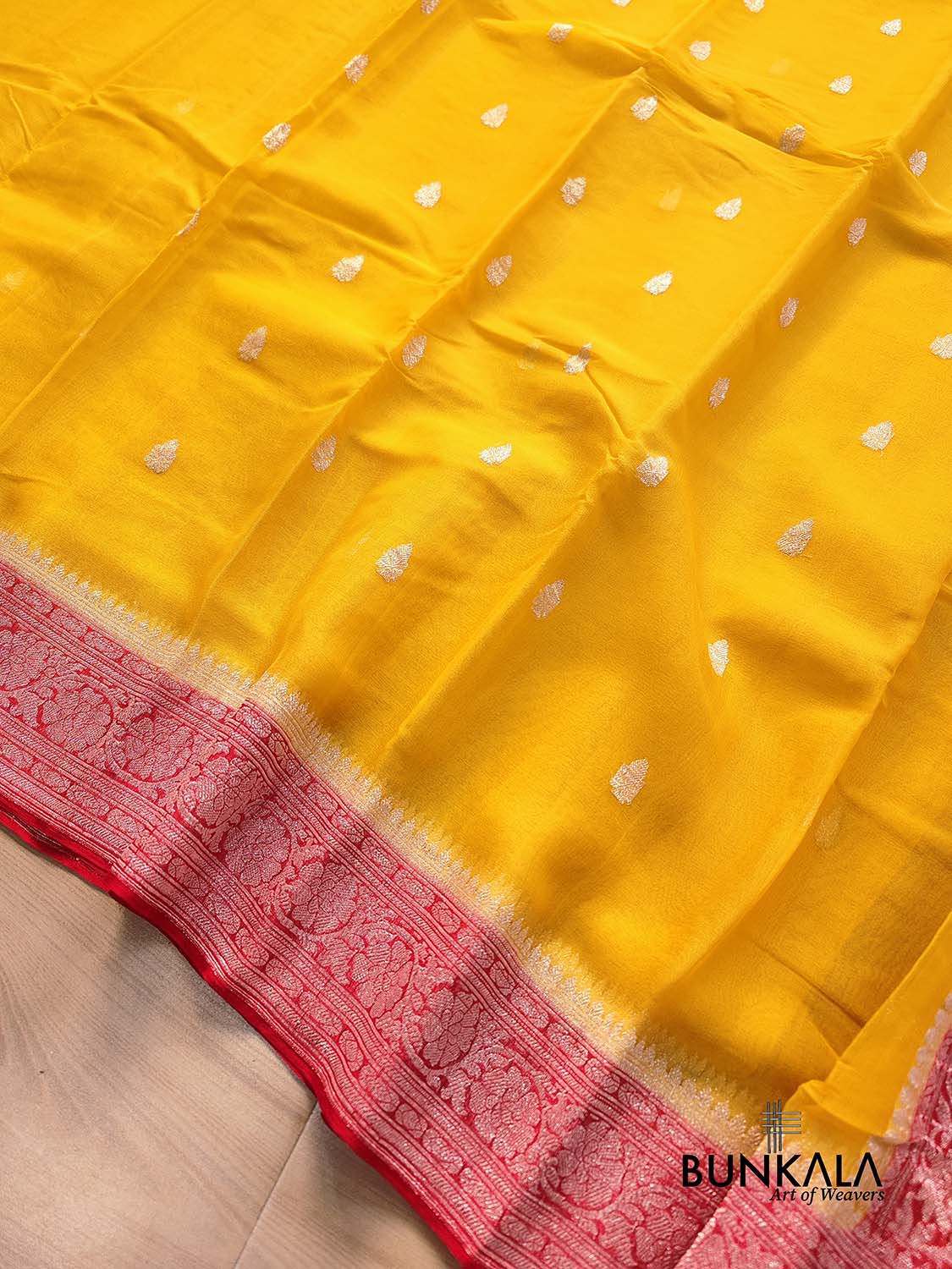 Yellow and Red Allover Silver Zari Buti Handloom Banarasi Pure Khaddi Chiffon Saree