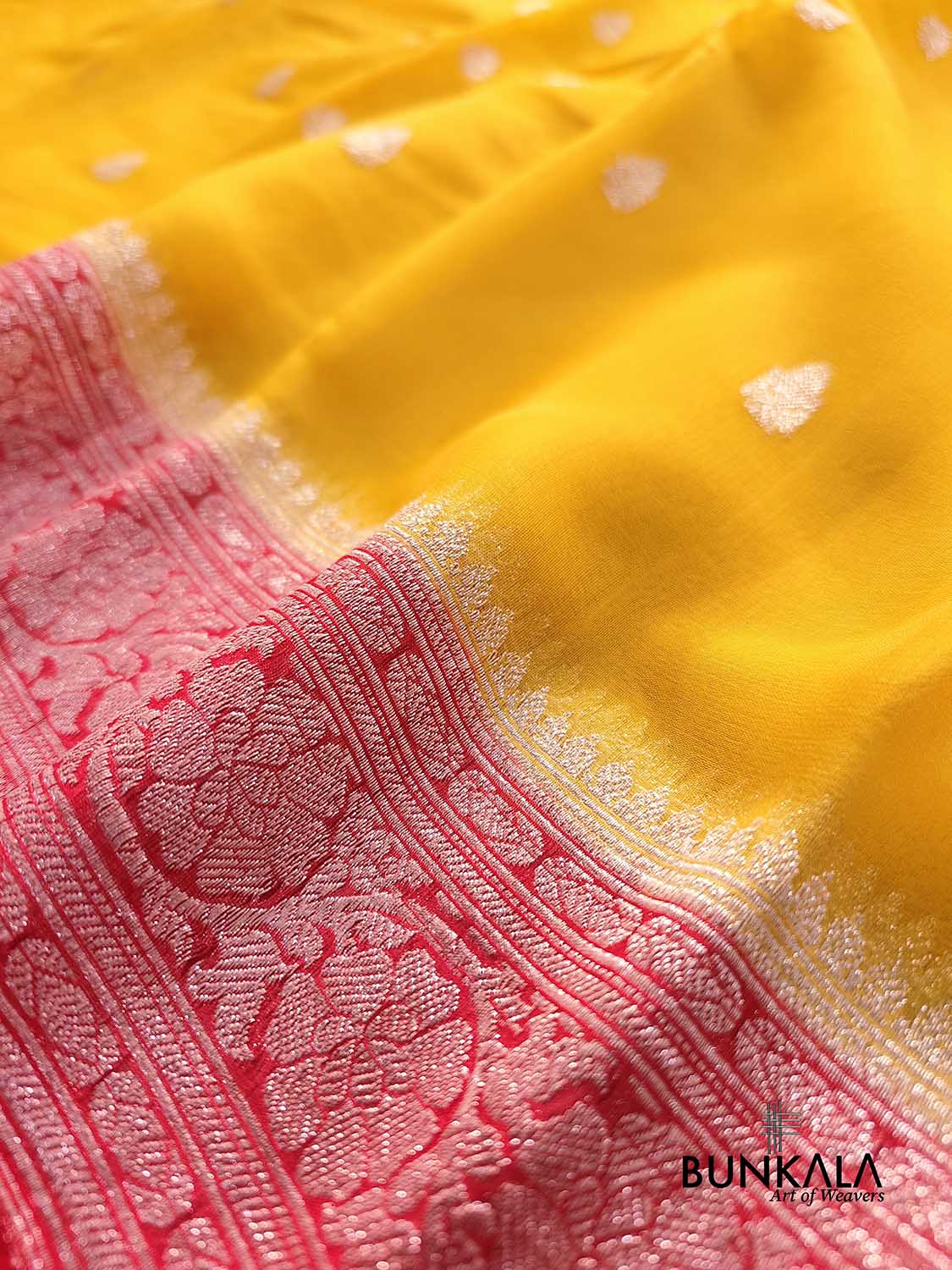 Yellow and Red Allover Silver Zari Buti Handloom Banarasi Pure Khaddi Chiffon Saree