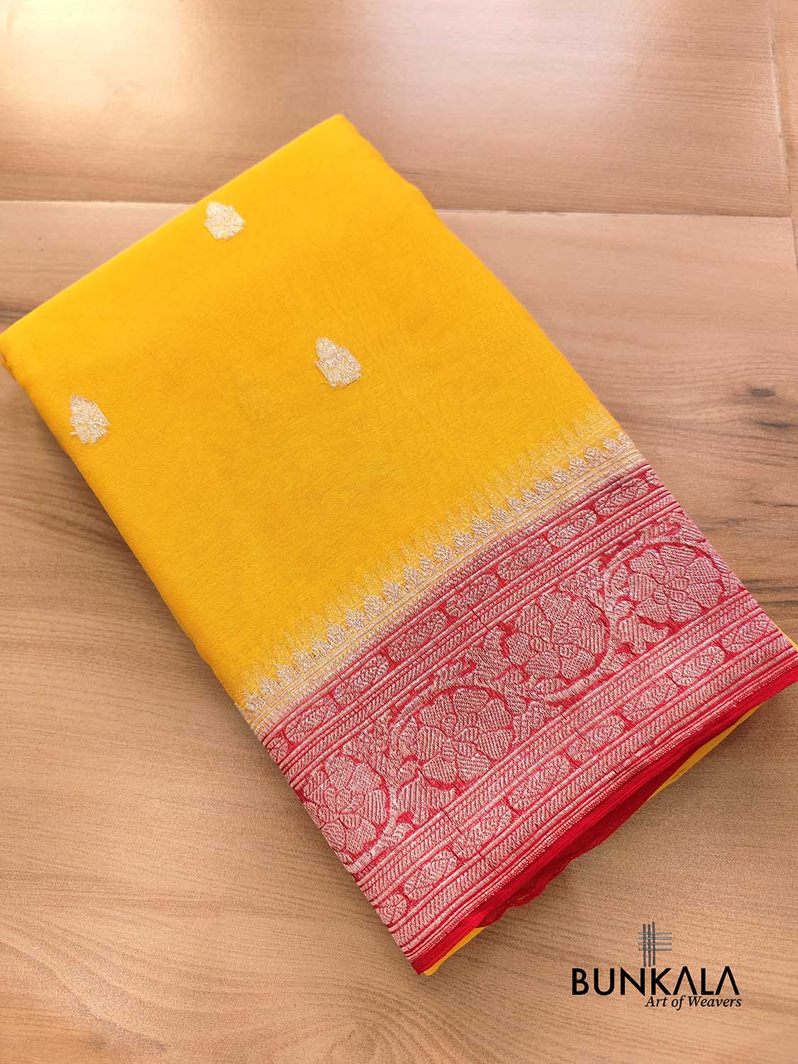 Yellow and Red Allover Silver Zari Buti Handloom Banarasi Pure Khaddi Chiffon Saree