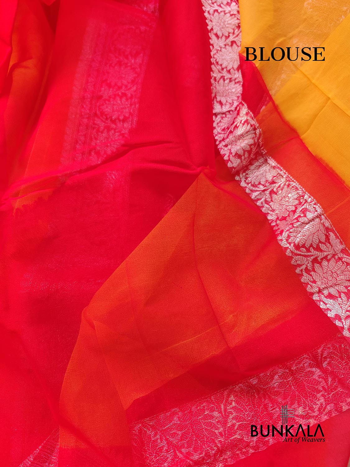 Yellow and Red Allover Silver Zari Buti Handloom Banarasi Pure Khaddi Chiffon Saree