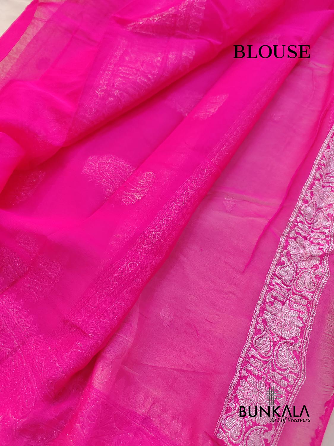 Off White and Pink Allover Silver Zari Buti Handloom Banarasi Pure Khaddi Chiffon Saree