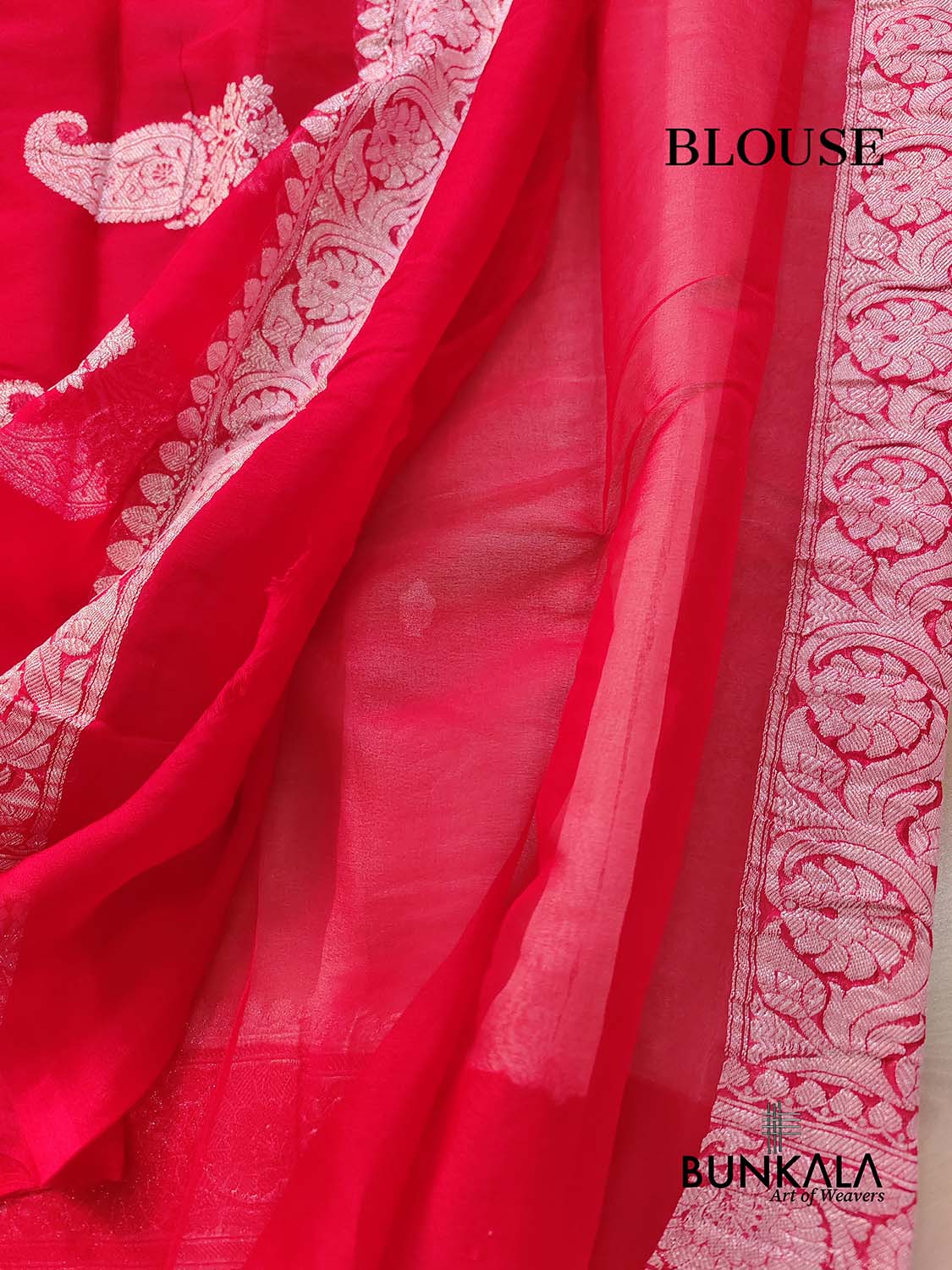 Off White and Red Allover Silver Zari Buti Handloom Banarasi Pure Khaddi Chiffon Saree