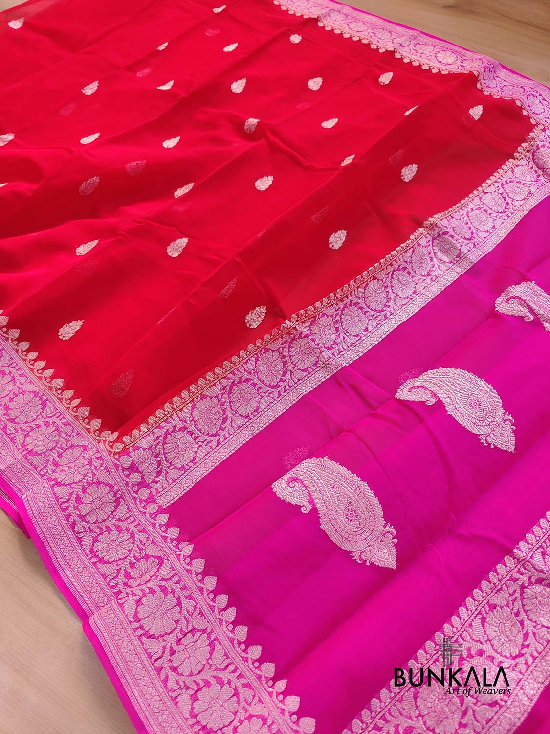 Red and Pink Allover Silver Zari Buti Handloom Banarasi Pure Khaddi Chiffon Saree