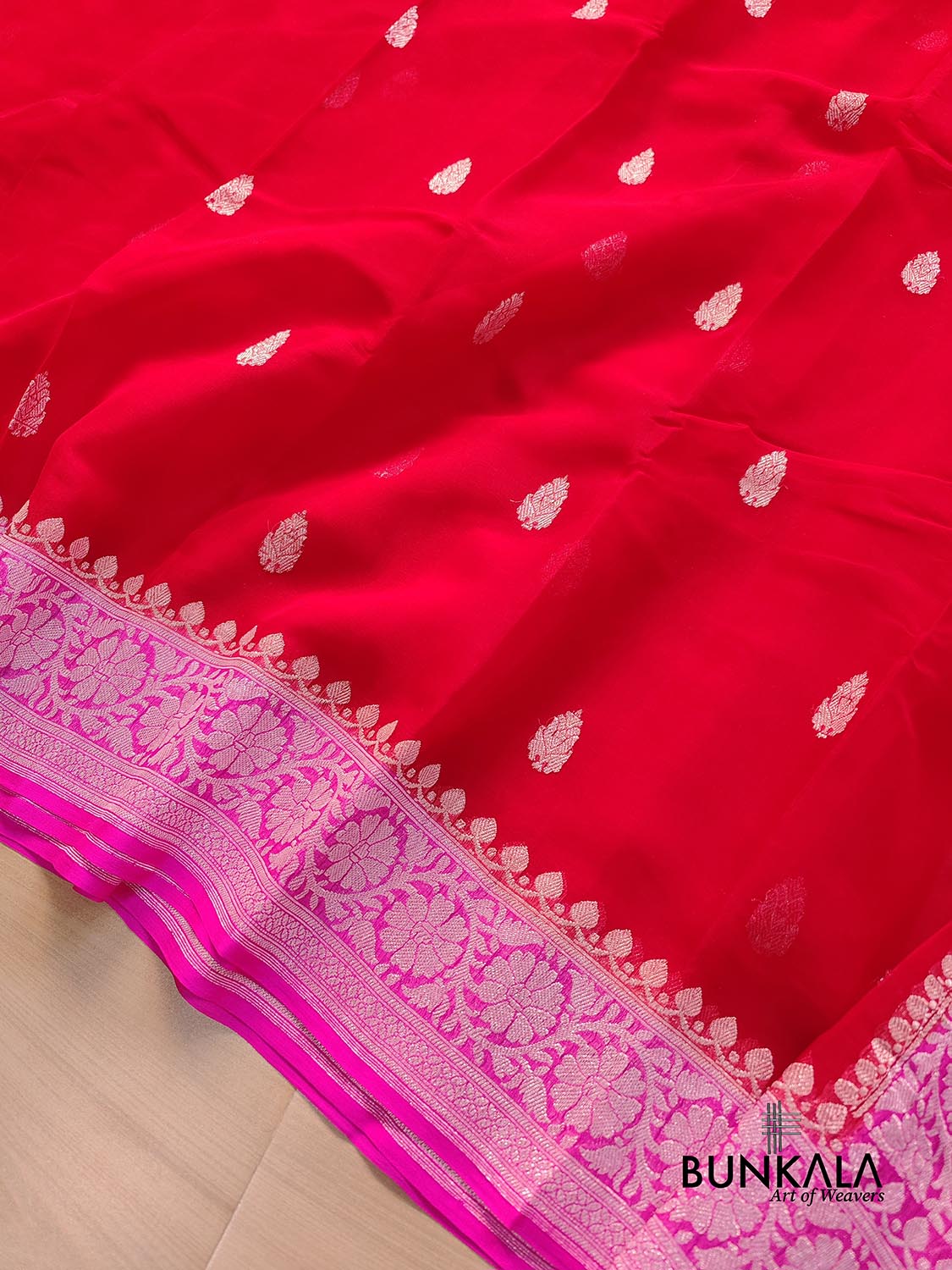 Red and Pink Allover Silver Zari Buti Handloom Banarasi Pure Khaddi Chiffon Saree
