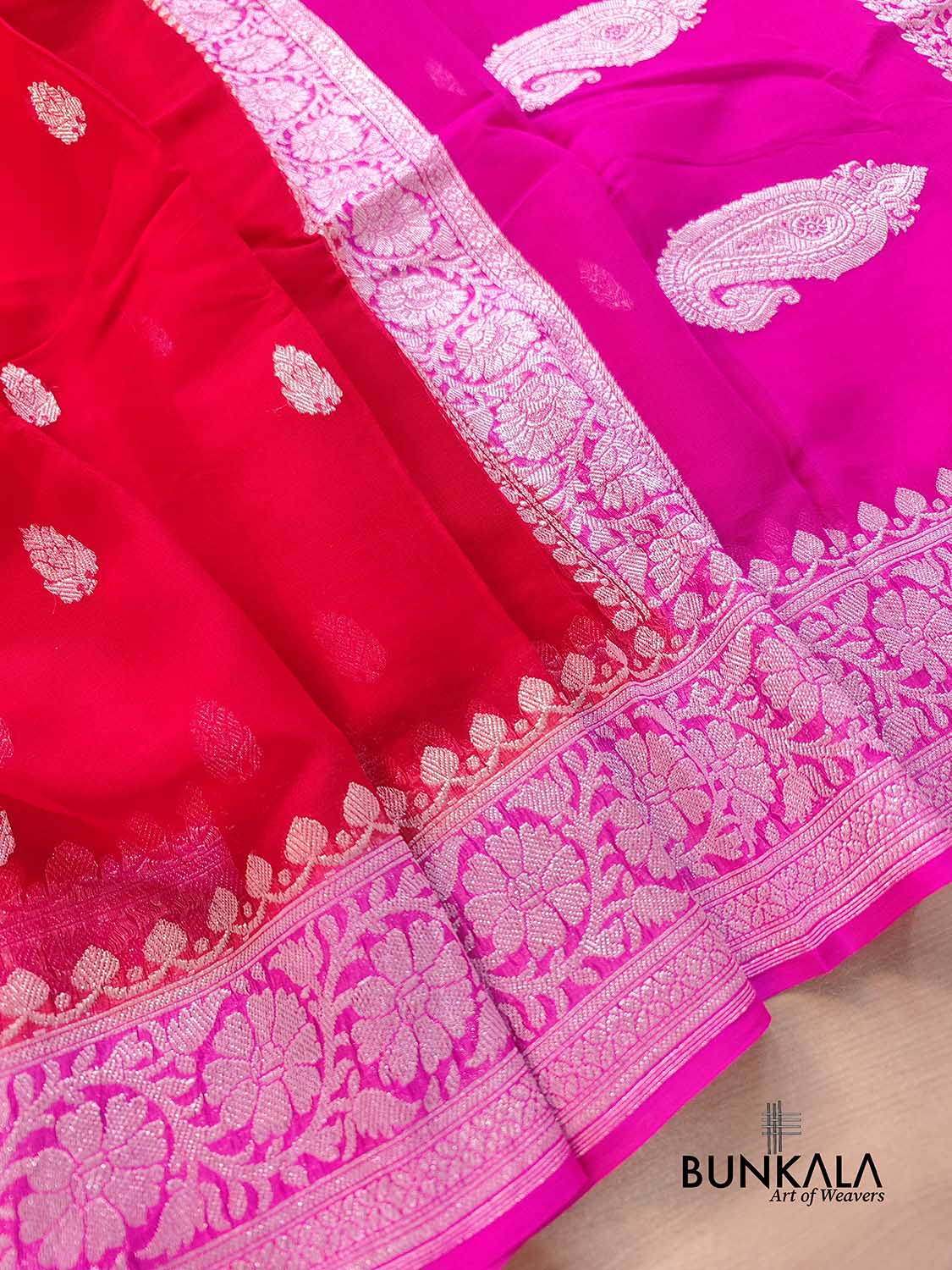 Red and Pink Allover Silver Zari Buti Handloom Banarasi Pure Khaddi Chiffon Saree