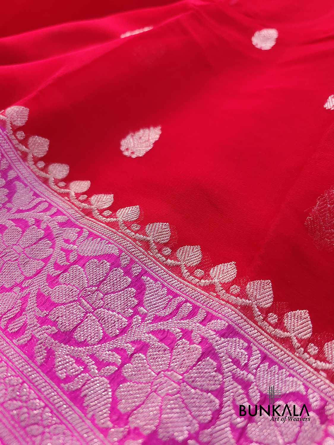 Red and Pink Allover Silver Zari Buti Handloom Banarasi Pure Khaddi Chiffon Saree