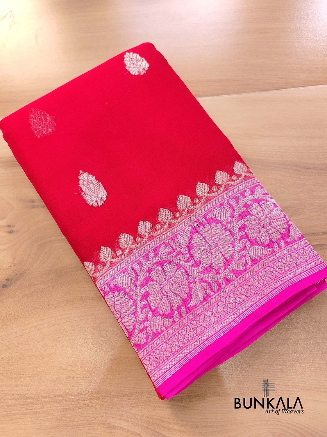 Red and Pink Allover Silver Zari Buti Handloom Banarasi Pure Khaddi Chiffon Saree