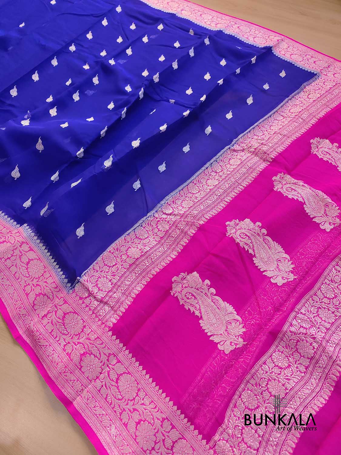 Royal Blue and Pink Allover Silver Zari Buti Handloom Banarasi Pure Khaddi Chiffon Saree