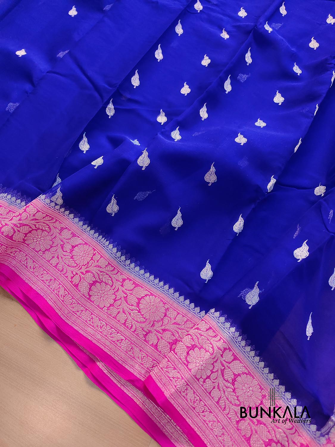 Royal Blue and Pink Allover Silver Zari Buti Handloom Banarasi Pure Khaddi Chiffon Saree