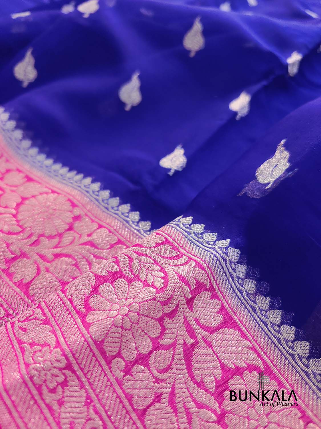 Royal Blue and Pink Allover Silver Zari Buti Handloom Banarasi Pure Khaddi Chiffon Saree