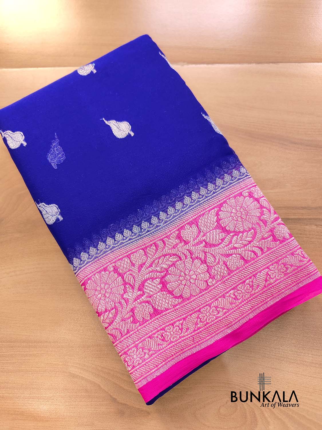 Royal Blue and Pink Allover Silver Zari Buti Handloom Banarasi Pure Khaddi Chiffon Saree