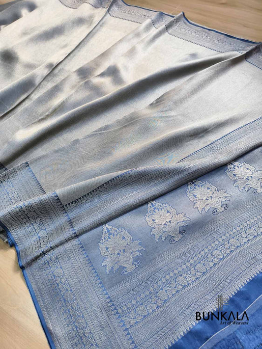 Blue Light Gold Zari Resham Tanchui Banarasi Silk Saree