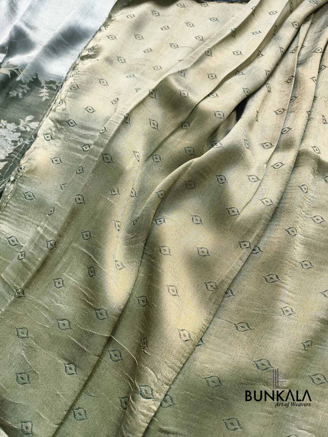 Greenish Grey Half and Half Floral Banarasi Resham Silk Saree