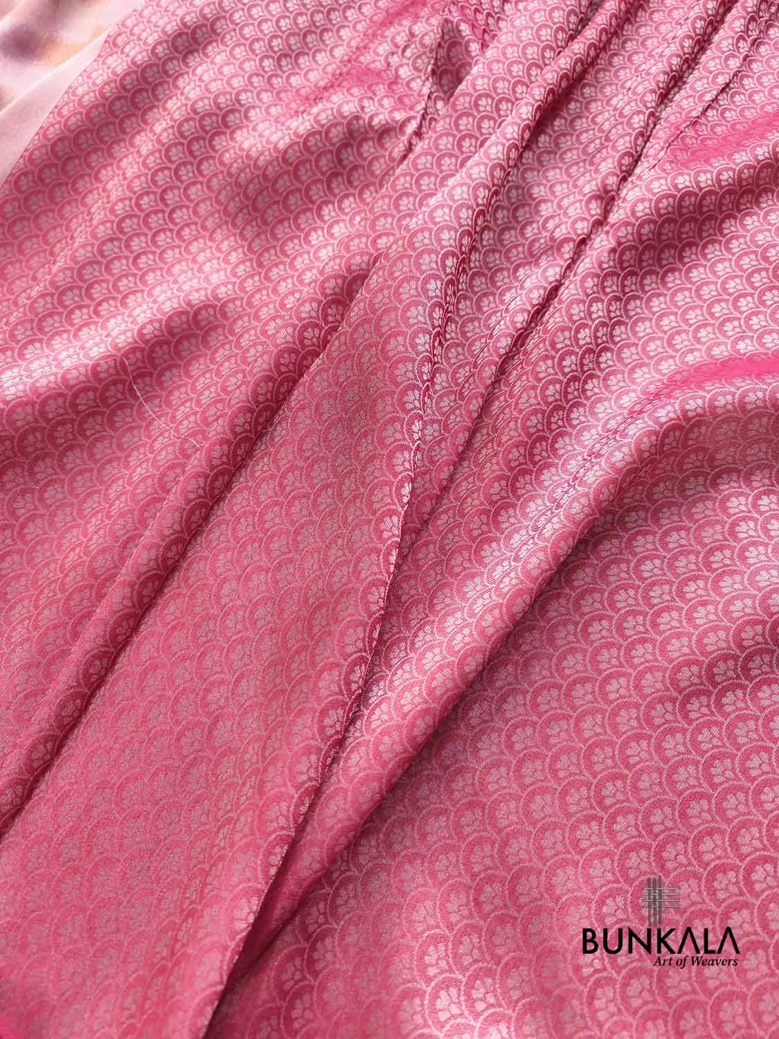 Peach Pink Half and Half Checks Banarasi Resham Silk Saree