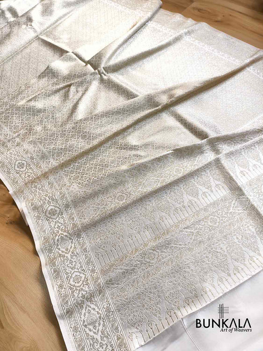 Pastel Ivory Brocade Weaved Banarasi Mashru Silk Saree