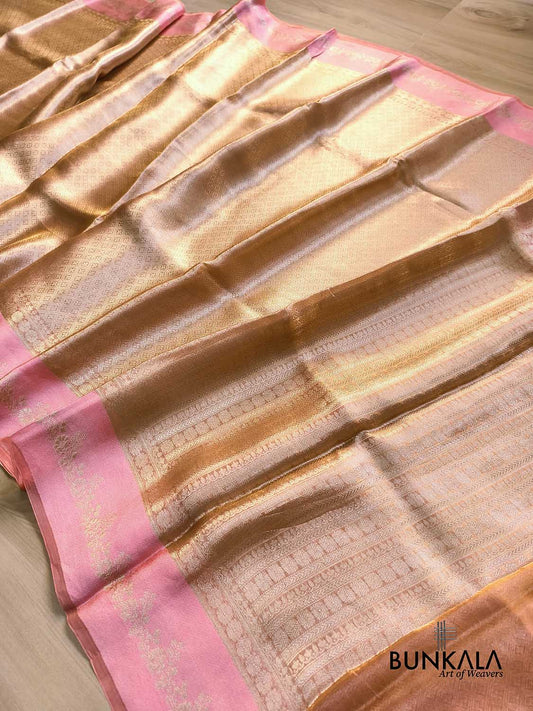 Golden Brocade Handloom Banarasi Pure Tissue Saree with Contrast Bright Baby Pink Katan Silk Floral Border
