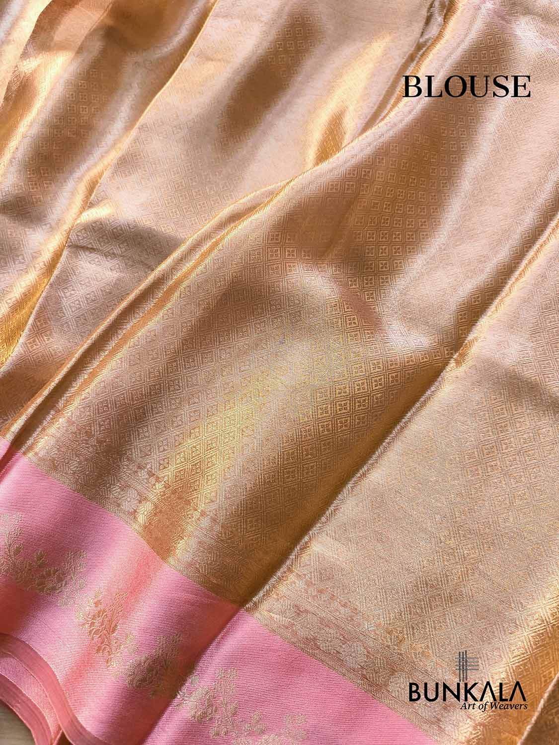Golden Brocade Handloom Banarasi Pure Tissue Saree with Contrast Bright Baby Pink Katan Silk Floral Border