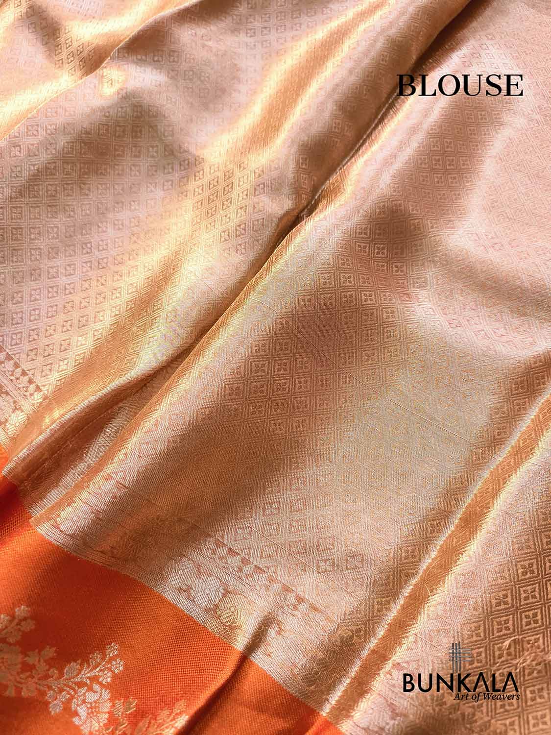 Golden Brocade Handloom Banarasi Pure Tissue Saree with Contrast Bright Orange Katan Silk Floral Border