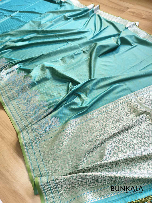 Turquoise Blue Jamewar Chevron Konia Floral Border Weaved Banarasi Mashru Silk Saree