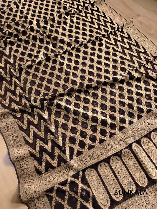 Jet Black Georgette Geometrical Design Banarasi Saree