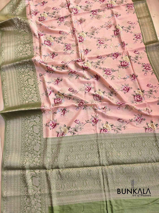 Peach Pink Floral Printed Cotton Saree with Green Contrast Border