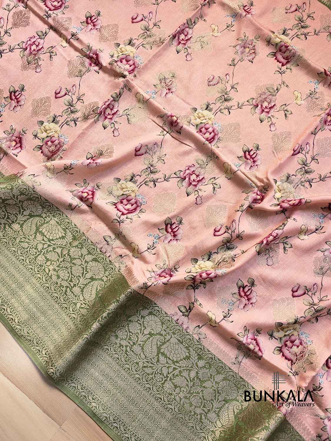 Peach Pink Floral Printed Cotton Saree with Green Contrast Border