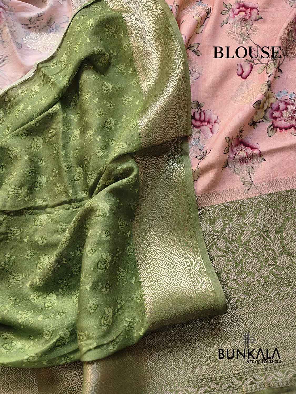Peach Pink Floral Printed Cotton Saree with Green Contrast Border
