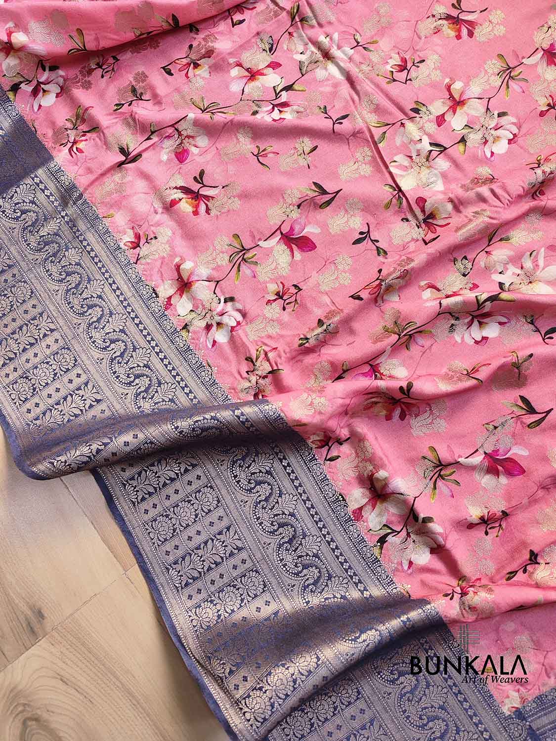 Rose Pink Floral Printed Cotton Saree with Blue Contrast Border