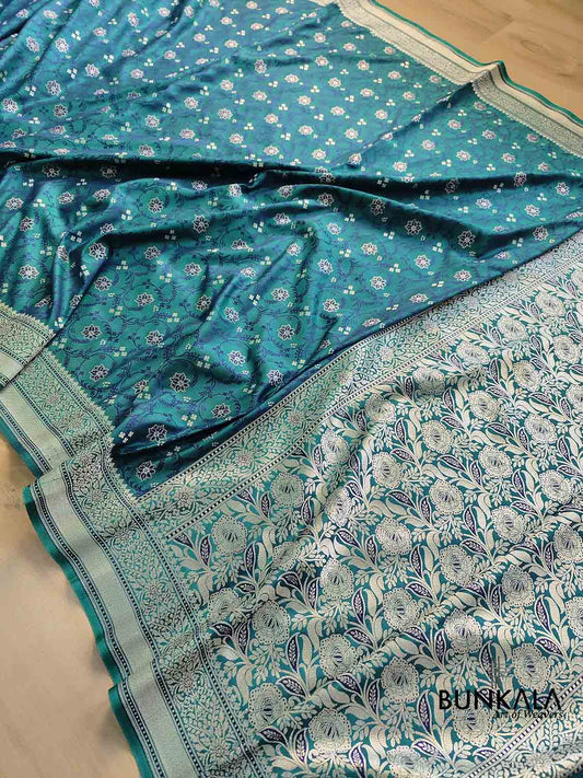 Sea Green Two Tone Jamewar Weaved Soft Mashru Silk Floral Jaal Design Banarasi Saree