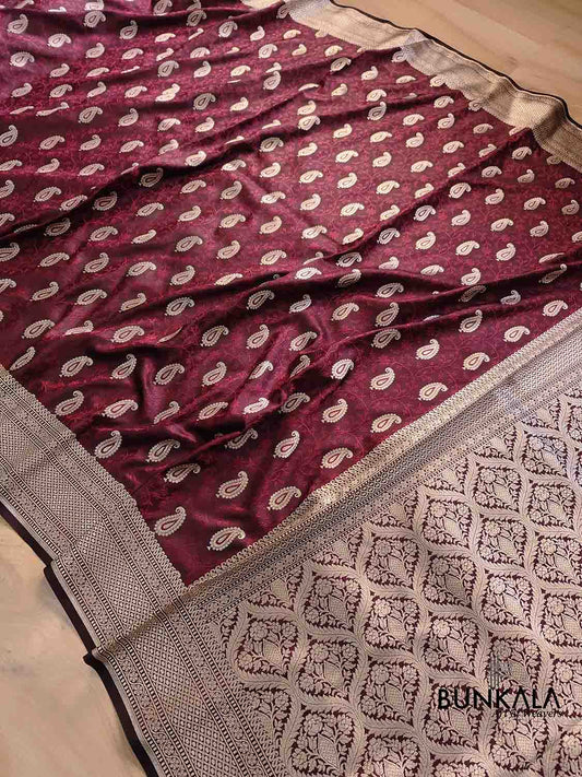 Burgundy Maroon Jamewar Weaved Soft Mashru Silk Floral Jaal Paisley Design Banarasi Saree