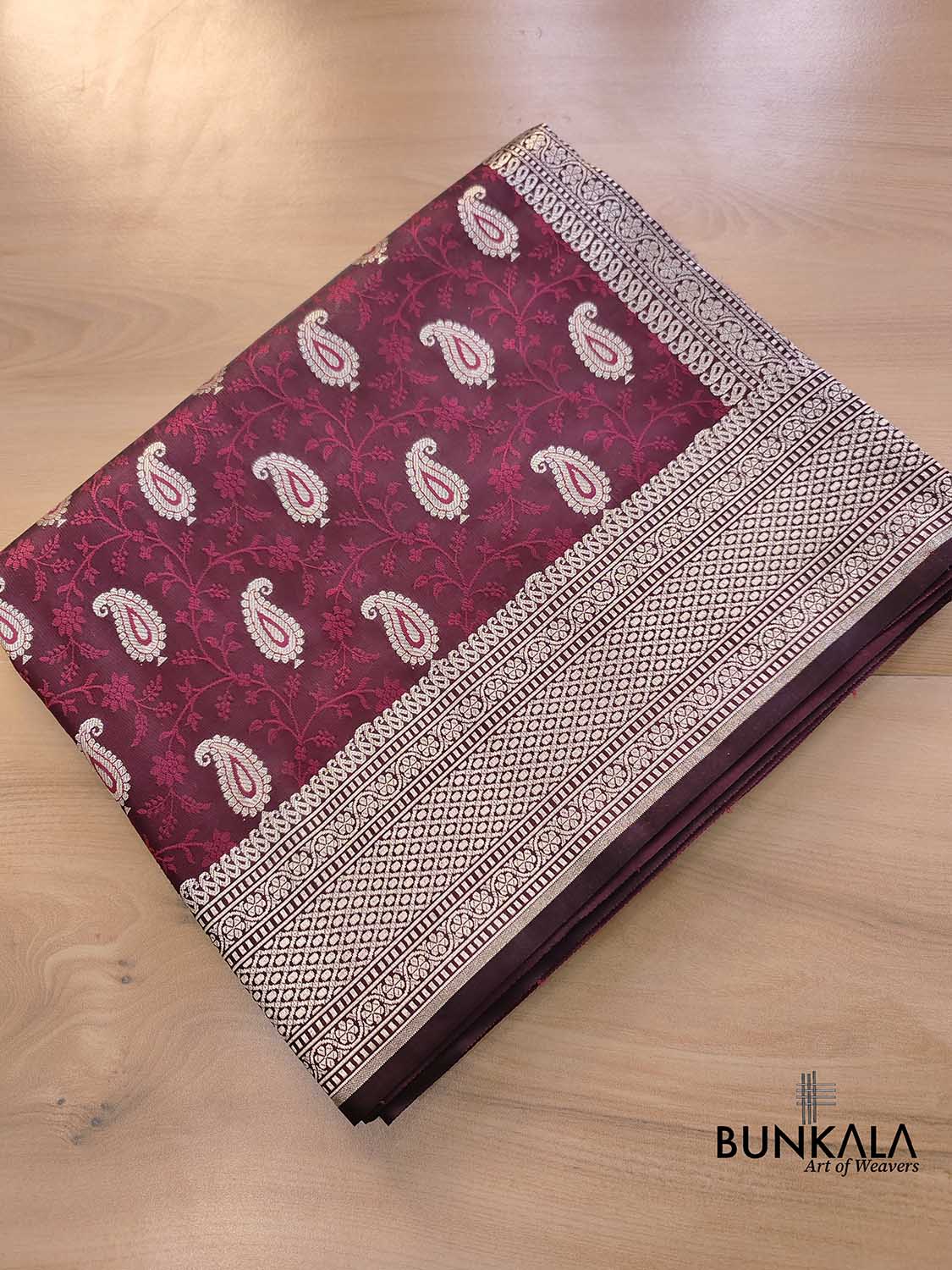 Burgundy Maroon Jamewar Weaved Soft Mashru Silk Floral Jaal Paisley Design Banarasi Saree