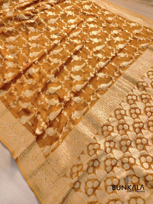Mustard Cheeku Georgette Sona Zari Jaal Design Banarasi Saree