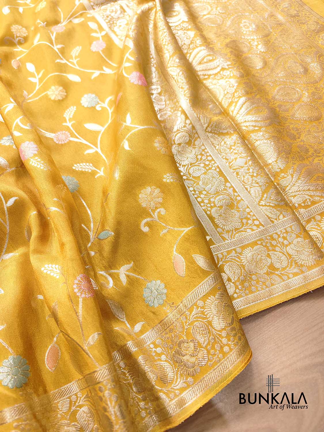 Bright Yellow Meenakari Floral Jaal Banarasi Soft Tissue Silk Saree