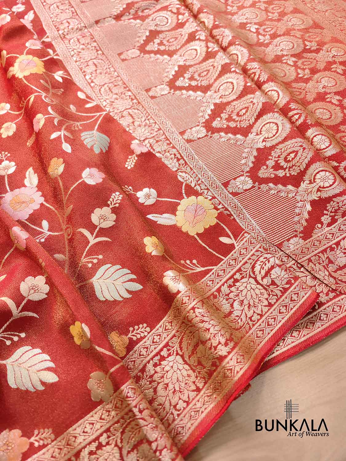 Red Meenakari Floral Jaal Banarasi Soft Tissue Silk Saree