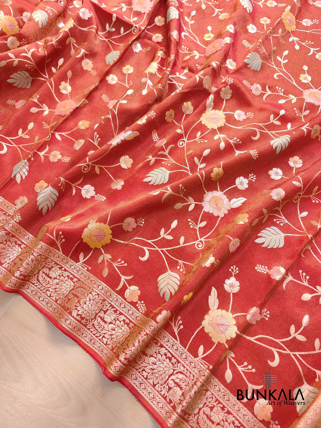 Red Meenakari Floral Jaal Banarasi Soft Tissue Silk Saree