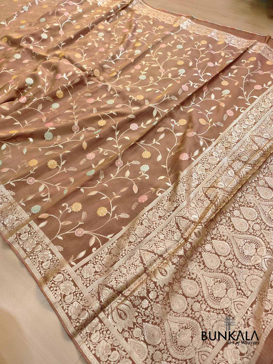 Chiku Brown Meenakari Floral Jaal Banarasi Soft Tissue Silk Saree