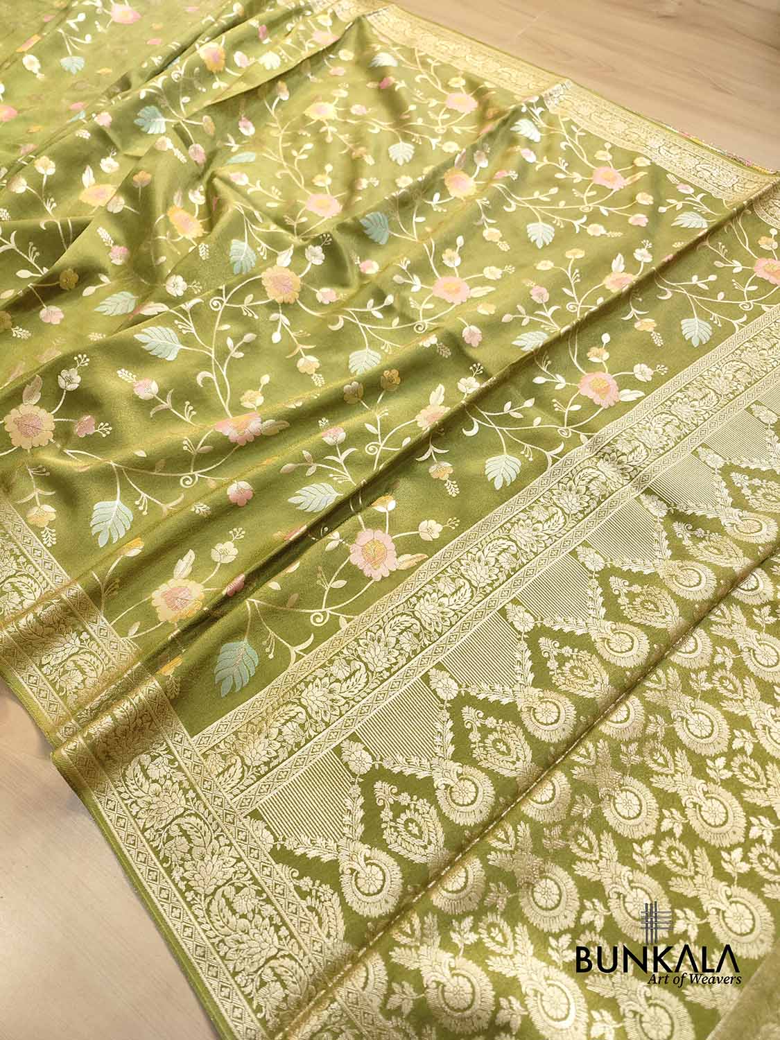 Mehandi Green Meenakari Floral Jaal Banarasi Soft Tissue Silk Saree
